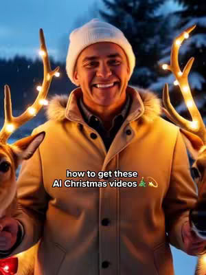 A man wearing a white beanie and a tan bomber jacket is smiling at the camera. Two deer figures with antlers decorated with lights are on either side. Text overlay: how to get these AI Christmas videos.