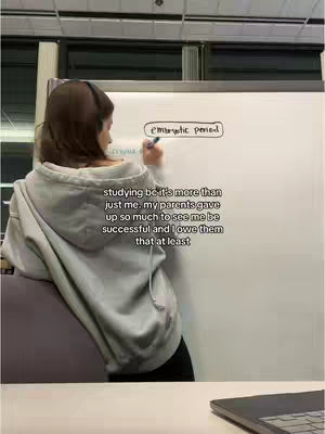A woman in a gray hoodie is writing on a whiteboard. The whiteboard has text and a drawing. The woman is facing away from the camera.