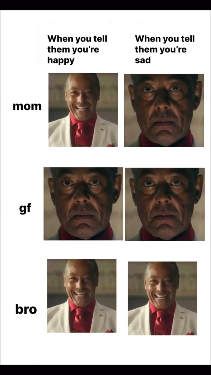 The image is a meme format using a side-by-side comparison. On the left, the phrase "When you tell them you're happy" is above a framed image featuring a man in a white suit with a red tie smiling. Below this is the word "mom", "gf" and "bro", each aligned with the image of the happy man. On the right, the phrase "When you tell them you're sad" is written, above the same man but this time with a concerned expression. The structure is simple and uses a white background, highlighting the expressions.