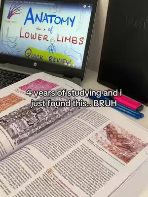 A laptop displays notes on anatomy, specifically 'Anatomy of Lower Limbs.' An open textbook lies below it, with a pen and highlighter next to it. The layout focuses on study materials.