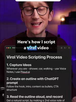 A man in glasses is smiling and speaking directly to the camera, with a laptop screen visible in the background showing a video scripting process. A colored overlay shows the title and some of the script steps.