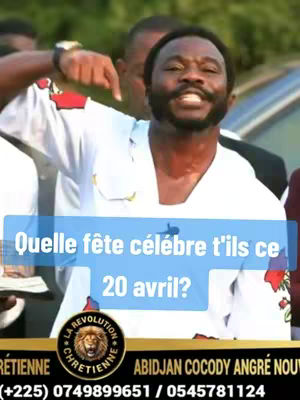 A man with a dark beard, wearing a white shirt with red accents, points downwards while speaking. A text overlay asks "Quelle fête célèbre t'ils ce 20 avril?" A church logo and contact information are at the bottom.