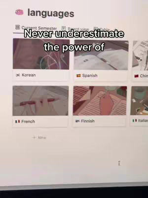 Cover image shows a computer monitor displaying a note-taking app, presenting various language learning topics. The screen features a pink header with the word 'languages,' followed by several image thumbnails for languages like Korean, Spanish, French, and Finnish. A text overlay states 'Never underestimate the power of.'