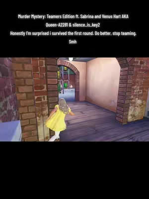 The cover image shows a scene from a video game rendered in a distinctive style. A figure, seen from the back, is wearing a yellow dress. They are in a corridor with brick walls and a wooden floor. The environment has an artificial, slightly stylized aesthetic, typical of video game graphics. At the top, black rectangular block with white text stating the video title plus the description.