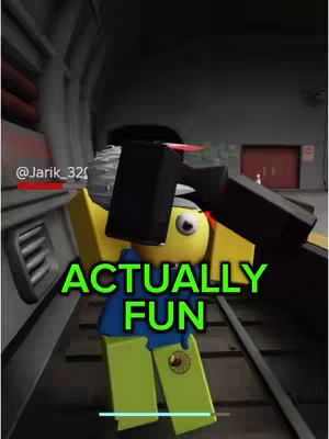 The cover image shows a Roblox character holding a black hammer. On the image the words 'ACTUALLY FUN' in large green, outlined text is displayed. The Roblox character has yellow skin, green pants, a blue shirt, and a black hat. The environment suggests an indoor setting, with a blurred background.