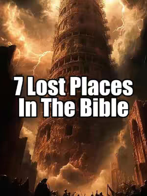 The cover image shows a digital illustration depicting a large, tall structure, possibly a tower, with a detailed facade and several levels. The structure appears to be made of stone or a similar material. The artwork is set against a dramatic backdrop of a stormy sky with clouds and lightning, which adds to the intense feeling. The text '7 Lost Places In The Bible' is overlaid in a bold, white font.