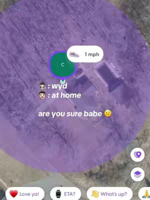 The image captures a map view from Life360, showing a location within a purple circle that indicates the creator's or a contact's current area. Text overlays include a speed indicator (1 mph) and updates on the person's status ('wyd', 'at home'). The image is a screen capture of a phone app, and the overall tone is informational with a hint of humor related to the location tracking.