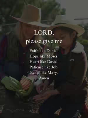 An image showing two people in hats, likely outdoors, with text overlaid. The text includes a request for divine attributes to a higher power.