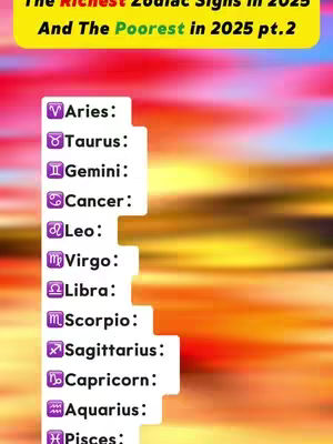 The cover image features a blurred backdrop of reds and oranges, suggesting a sunset or sunrise. Overlaid on this is a yellow rectangular box containing the text 'The Richest Zodiac Signs in 2025 And The Poorest in 2025 pt.2'. A white, stacked list on the left side displays the zodiac signs with their symbols.