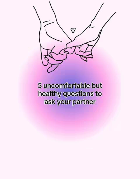 The image features two hands holding each other with a heart symbol above them, set against a gradient background transitioning from pink to purple. Centered below is text in white, against a pink-purple gradient that reads, '5 uncomfortable but healthy questions to ask your partner'.