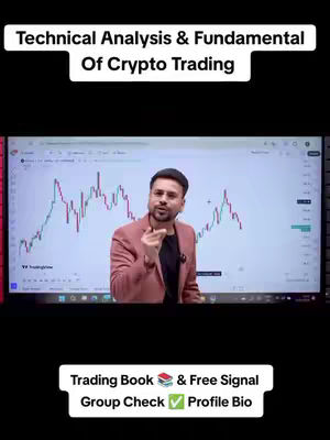 The cover image shows a man in a suit jacket standing in front of a screen displaying a crypto trading chart. Above him is text that reads 'Technical Analysis & Fundamental Of Crypto Trading' and at the bottom, it includes additional text that says 'Trading Book & Free Signal Group Check Profile Bio.'
