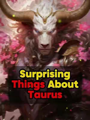 A digital illustration of a horned bull-like figure with a serious expression, framed by pink flowers and a text overlay.