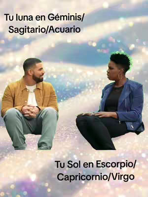 The image shows two people, Drake and a woman, seemingly in conversation, with a sparkly, bokeh-filled background. Text overlays indicate astrological signs associated with the sun and moon in astrology.