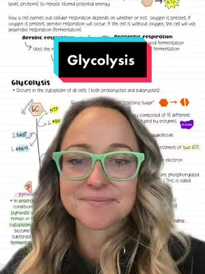 A woman with long blonde hair wearing green glasses smiles at the camera. Behind her, a hand-written educational diagram on cellular respiration is displayed with the title of the presentation 'Glycolysis' in a red and black box.