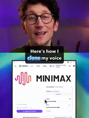 A man with glasses is in the upper part of the screen, looking straight at the camera and talking. Below, a computer screen with the MiniMax Audio interface is open.