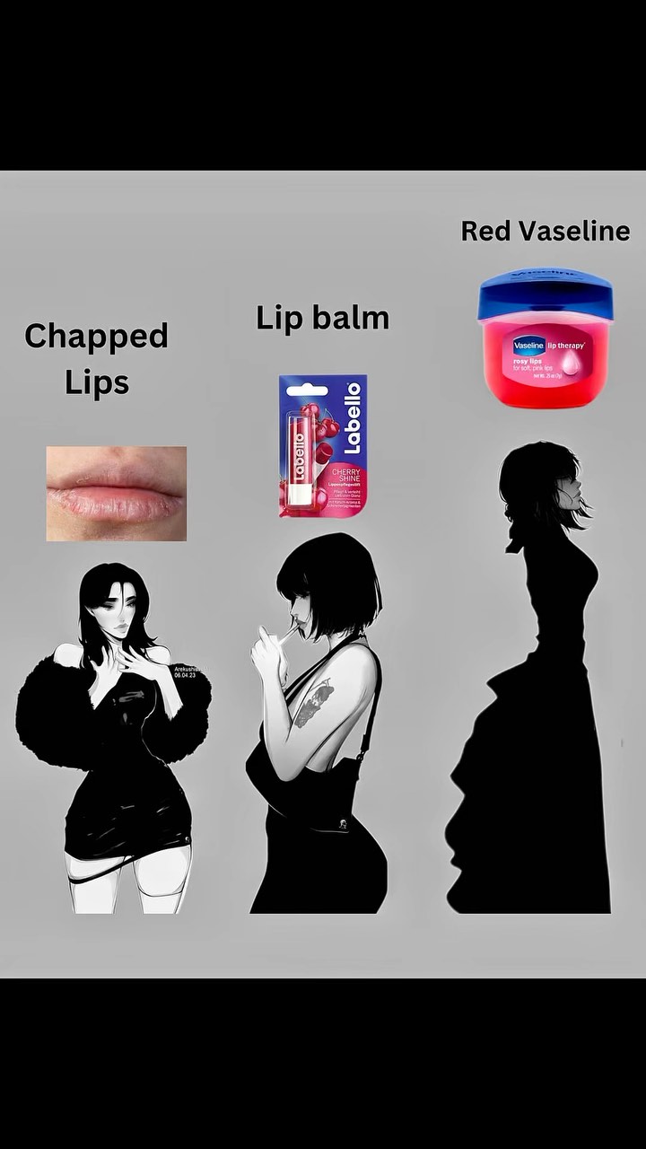 The image showcases a comparison between lip care options. It features an image of chapped lips along with a package of Labello lip balm and a jar of red Vaseline. Black and white illustrations of a woman in a black dress are displayed alongside the lip balm and the vaseline representing them.
