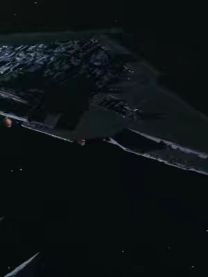 The image is a conceptual rendering of a large, futuristic cityscape or space station against a dark, star-filled background. The architecture appears complex and angular, suggesting a structure of significant size and technological advancement. The color palette is dominated by dark shades, with lights providing points of interest. The overall composition evokes a sense of scale and perhaps a science-fiction theme.
