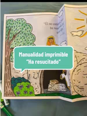 The cover image shows a page from a children's coloring book. The main text overlay is a turquoise speech bubble, and the picture is colored and printed with the tree and other elements, with a text in Spanish.