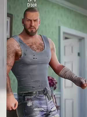 A digitally rendered video game character stands confidently in what appears to be a domestic setting. The character is a muscular, bald man with tattoos on his arms and chest, wearing a gray tank top and ripped jeans. He has a slight smirk, and a bandage is wrapped around his arm. The visual style is realistic and is likely a still from a game, the interior featuring a wall with a patterned wallpaper and an open door in the background.