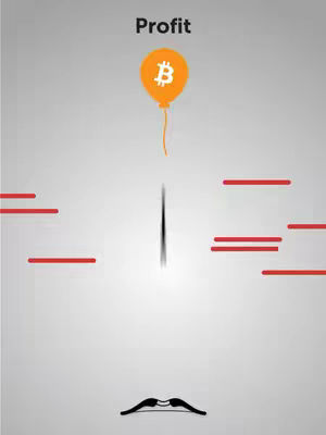 An illustration of a man's mustache beneath a central black line, appearing as a rising trajectory. Above it, a Bitcoin-themed balloon hovers with the word 'Profit' at the top, and parallel red lines on both sides, suggesting market trends or goals, set against a light grey background.