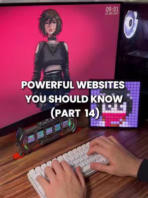 The image shows a desktop monitor with a computer setup. A digital anime design is showing on the monitor. A keyboard is visible with hands typing on the keyboard. The image has a pink background.