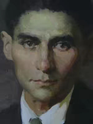 An artistic portrait of a man with dark hair, a pale complexion, and a neutral expression. He is wearing a dark suit. The artwork has visible brushstrokes and a somber tone.