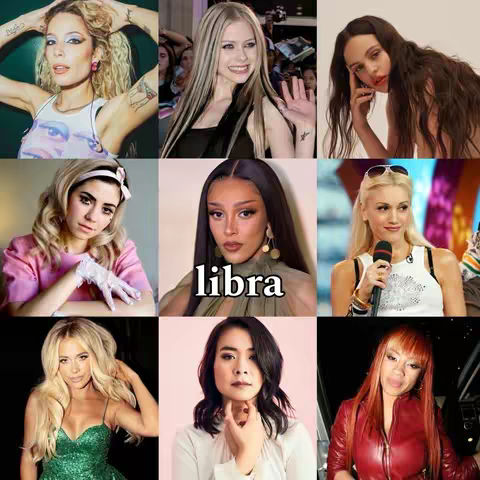 A grid of nine images featuring various female celebrities. The images are arranged in three rows and three columns. In the center, the word "libra" is overlaid. The surrounding images showcase women with different hairstyles, poses, and backgrounds, with the overall composition presenting a collage of celebrity faces.
