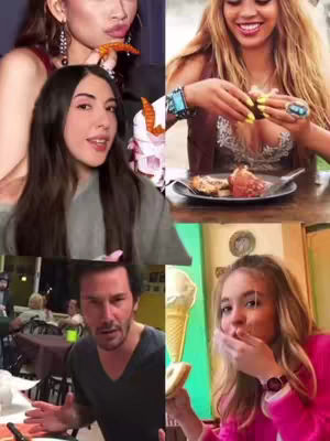 The cover image is a grid displaying four video screenshots. The top left shows a woman from the shoulders up, biting into a pastry and looking at the camera. Next to her, on the top right, a woman holds food to her mouth, smiling. Below that, on the bottom left, a man is looking at the camera. On the bottom right, a woman in pink raises a hand to her mouth.