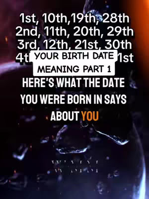 The cover image is a dark, blurred background with water droplets or a similar liquid effect visible on it. Overlayed on top is a large, white text block. The text lists dates (1st, 10th, 19th, etc.) in a column. Below this, a white box contains the text 'YOUR BIRTH DATE 1st MEANING PART 1' followed by 'HERE'S WHAT THE DATE YOU WERE BORN IN SAYS ABOUT YOU'. The overall composition uses a simple, text-focused layout against a dark, atmospheric backdrop.