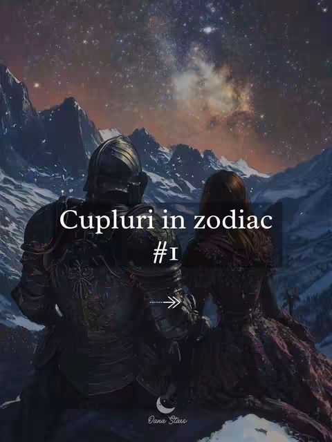 An illustration depicts two figures dressed in medieval armor and attire, standing against a backdrop of snow-capped mountains and a starry night sky. Text overlays indicate content about zodiac and couples.