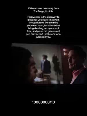 The image shows a scene from a movie, with three men in frame. The scene is dark, with two men in the foreground having a conversation, and a third man in the background, standing near a table. Text overlays the top portion of the image.