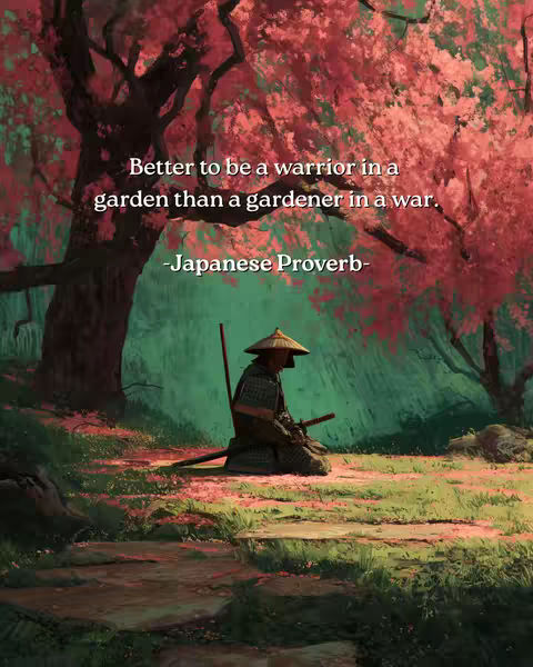 A digital painting depicts a serene scene of a samurai in a peaceful forest. The background is dominated by a large tree with reddish-pink foliage, suggesting a cherry blossom or similar tree in bloom. The foreground features a figure of a samurai in traditional attire, kneeling with a sword resting nearby. The lighting is soft, with a green and earthy color palette and a sense of tranquility.