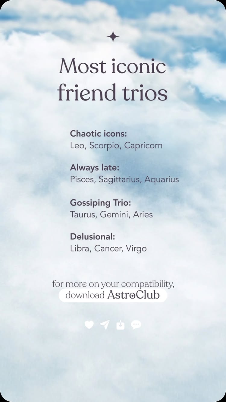 The image has a light blue gradient background resembling a sky with fluffy white clouds. Centered and vertically aligned is a list titled 'Most iconic friend trios' in a dark, elegant serif font. The content is organized under three subheadings representing friend groups: 'Chaotic icons', 'Always late', 'Gossiping Trio:', and 'Delusional:'. Below the lists is the call to action 'for more on your compatibility, download AstroClub' and social media icons at the bottom.