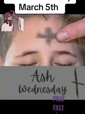 The cover image shows a close-up of a person’s face with their eyes closed. A hand is applying ash in the shape of a cross on their forehead. In the top left corner, there is a cartoon image of a person. Below the person's face, text reads "Ash Wednesday", with the words "pray" and "fast" below. The image has a black background. The overall composition is simple and focused on the act of receiving ash.