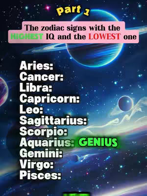Cover image with a space-themed background, showcasing a list of zodiac signs. The upper part features a pink banner with the text 'part 1' in yellow above it and the text 'The zodiac signs with the HIGHEST IQ and the LOWEST one'. The list includes Aries, Cancer, Libra, Capricorn, Leo, Sagittarius, Scorpio, Aquarius (marked with 'GENIUS' in a green box), Gemini, Virgo and Pisces. The background depicts a galaxy with planets, stars, nebulas and a bright big planet.