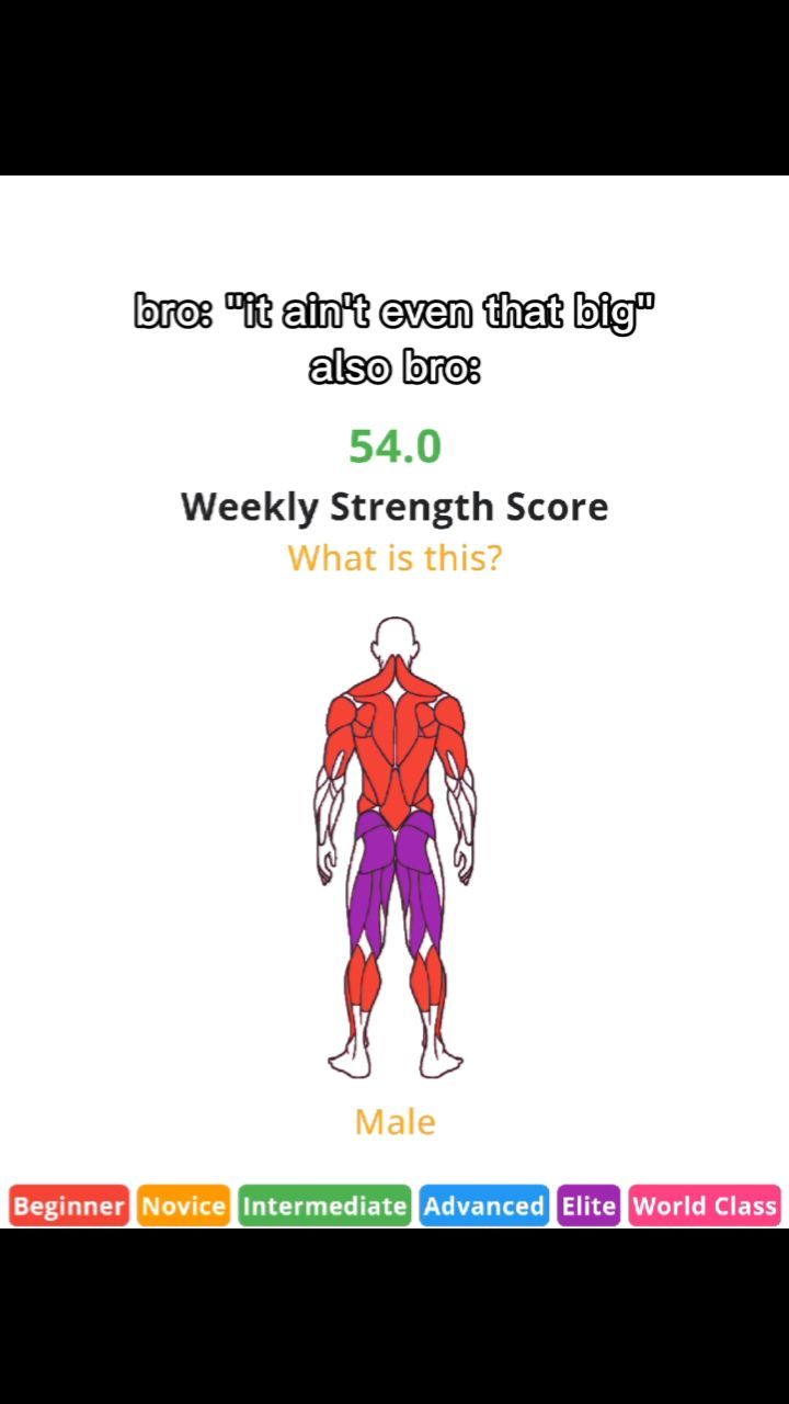 The cover image for a fitness-related video presents a white background with text and a visual representation of a human body. The text says bro: "it ain't even that big" also bro:"54.0"  Weekly Strength Score What is this? The image then shows a diagram of a body with labeled muscle groups. The body outline uses a simple vector illustration style. Below the body outline are more labels, starting with the word "Male", under which are color-coded labels from Beginner to World Class.