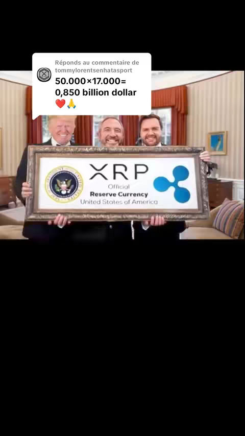 Three men hold a framed sign that reads \"XRP Official Reserve Currency United States of America.\" The background is a traditional interior setting, likely a government office. A comment overlay from \"tommylorentsenhatasport\" features mathematical calculations and is at the top left.