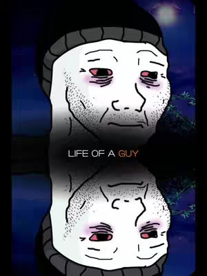 The image features a meme-style depiction of a man's face, drawn in a simplified, expressive style. He's wearing a black beanie, and his eyes are bloodshot. The character's face appears mirrored along a horizontal axis. The background shows a dark, blurry environment.