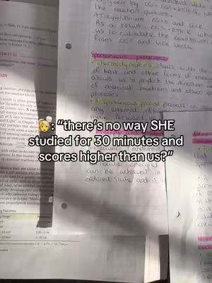 The image shows a close-up of a study notebook, filled with handwritten notes in black and blue ink, along with highlighted text in pink and yellow. A text overlay in a speech bubble sits on the left side of the image, it conveys a humorous sentiment.