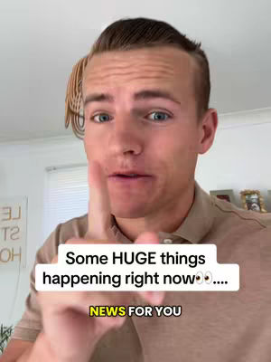 A young man with short brown hair and blue eyes points his index finger upwards while looking at the camera. Overlaid on him is a white box containing the text, 'Some HUGE things happening right now....' with the words 'NEWS FOR YOU' in a yellow rectangle below.