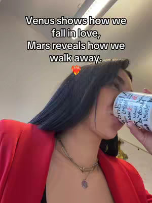 The cover image features a woman in a red blazer holding a mug to her mouth, drinking from it. The woman has black hair and is wearing a necklace. Overlayed on the image is white text with the message about love and how we walk away. There is a small heart graphic beside the text.