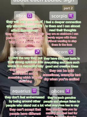 A young woman is centered in the frame, with overlapping text boxes detailing characteristics of various zodiac signs. She has blonde hair and is looking towards the camera. The background is a neutral tone, making the colorful text boxes stand out. The overall composition is designed for readability and ease of understanding.