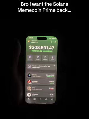 A vertical shot of a smartphone displaying a cryptocurrency wallet app. The phone is held against a black background, and a hand is partially visible on the left side of the frame. The screen shows a balance of over $300,000, with various cryptocurrency tokens listed, implying gains or investments. The primary color is green.