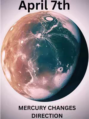 The cover image displays a stylized planetary body, resembling a planet with a swirling, mottled surface. The color palette includes hues of orange, brown, teal, and white, creating a sense of depth and texture. The top of the image features the text 'April 7th', while the bottom contains the text 'MERCURY CHANGES DIRECTION'. The overall composition has a symmetrical arrangement with the central planet dominating the frame.