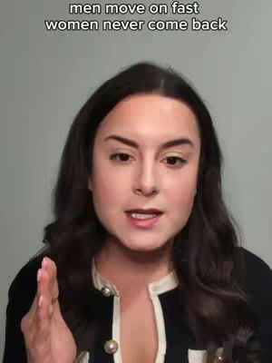 A woman with dark hair and fair skin is centered in the frame, speaking to the camera. Above her head, text reads: 'men move on fast women never come back'. She wears a black jacket with a white trim and gold buttons. The background is a blurred, light gray wall.