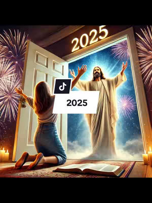 A digital artwork depicting a scene of spiritual significance with a woman kneeling before an open door framing a vision of Jesus Christ. Fireworks burst in the background, and the number 2025 is prominently displayed, possibly indicating a year or a theme.