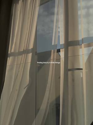 The image presents a sunlight-filled interior scene, dominated by a window covered with sheer, cream-colored curtains. Light filters through the translucent fabric, casting soft shadows and creating a serene atmosphere. The window frame is visible, dividing the space. The text is overlaid on the window indicating sentiment about beauty