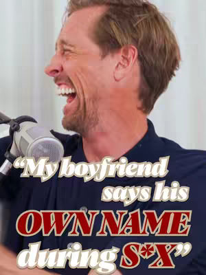 A man is captured in a close-up shot, his head and shoulders visible. He's laughing with his mouth wide open, and a microphone is positioned in front of him. Overlayed text in a stylized font reads a humorous statement.