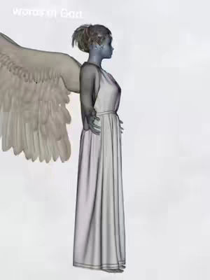 The image shows a gray-toned 3D render of an angel. The angel is depicted from the side, with a flowing white gown, a halo, and large feathered wings. The background is plain white, and the lighting is soft, giving the image a ethereal feel.