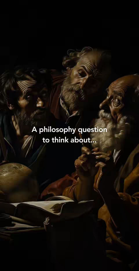 The image shows a dark setting depicting a philosophical discussion. In the center, a group of three men are gathered, their faces and upper bodies illuminated, while the rest fades into shadow. They appear to be engaged in deep conversation or thought, possibly debating. Above the figures is the overlaid text.

